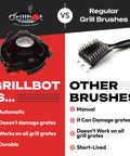 Graphic comparing Grillbot Automatic Grill Cleaning Robot Nylon Brushes Electric BBQ Cleaner with regular grill brushes.