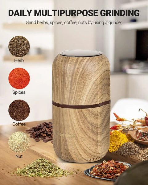 Electric Herb Grinder With Large Capacity And High Rotating Speed For Spices And Herbs Grind 120g In 5 To 10 Seconds One Hand Operation With Visual Lid For Coarse To Fine Grinding Wood Grain Finish
