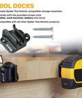 Clip On Tool Holster For Your Belt A Self Locking Dock Station with screws on a wooden surface with a tape measure.