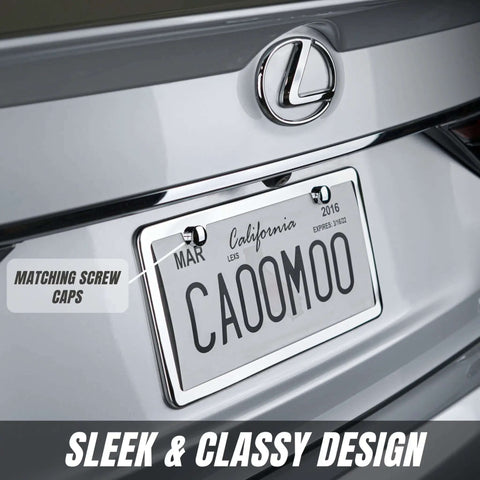 Stainless Steel License Plate Frame Set With Chrome Screw Caps Slim 2 Hole Design Rustproof Mirror Silver Finish on car