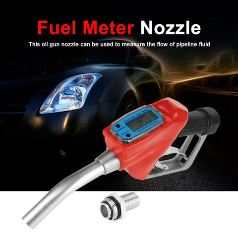 Digital Gasoline Nozzle Flow Meter For Precise Fuel Transfer At Gas Stations And Factories Accurate Measurement With Four Units Liters Gallons Pints Quarts Easy Gun Style Oil Pump Gauge For Quick Readouts red digital fuel nozzle with metal spout and display