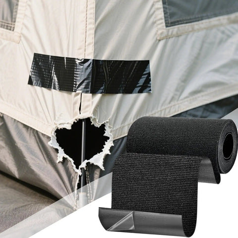 All-Purpose Fabric Repair Tape For Tents, Jackets, And Backpacks Self-Adhesive Polyester Patch fixing a tear on a tent