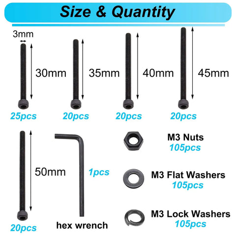 Complete M3 Hex Socket Head Cap Screws Kit With Nuts Washers And Lock Washers sizes and quantities displayed, 420 pcs total.