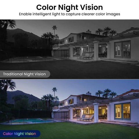 Comparison of traditional and color night vision from a 2K Indoor Outdoor Security Cameras Bundle at night highlighting color clarity
