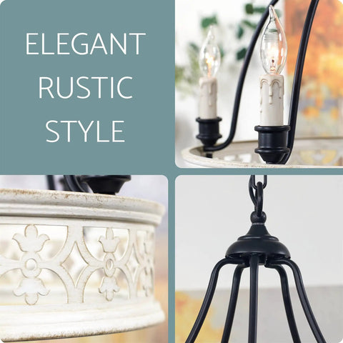 Collage showing Five Light Open French Country Chandelier With 25 Inch Reach In Antique White And Black Finish Lightly Distressed Rustic Farmhouse Vibe Pendant Fixture With Curved Arms And Drip Style Candelabra Sockets For Dining Room Or Living Space details