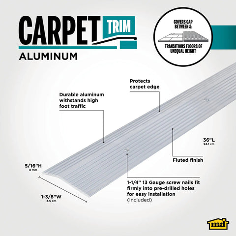 Durable Aluminum Carpet Trim Built To Last One And Three Eighths Inch By Thirty Six Inch Silver With Pre Drilled Holes And Thirteen Gauge Screw Nails For Easy Install In Doorways And High Traffic Areas, shown with fluted finish and includes screws for secure installation.
