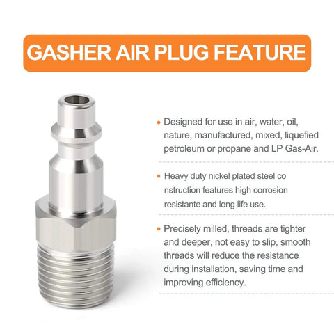 Industrial 3/8-Inch MNPT Male Air Plug, 1/4-Inch Body, High Flow Pneumatic Plug For Air Compressors, 300 PSI Capacity, Nickel Plated Steel