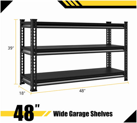 Heavy Duty Metal Garage Shelving Unit 1530 Lbs Total Capacity, 3 Tier Adjustable Storage Racks, 48W X 18D X 39H Black For Garage Basement And Kitchen, Built Like A Tank, Ready To Tackle Clutter. 48W x 18D x 39H black metal 3-tier shelving unit