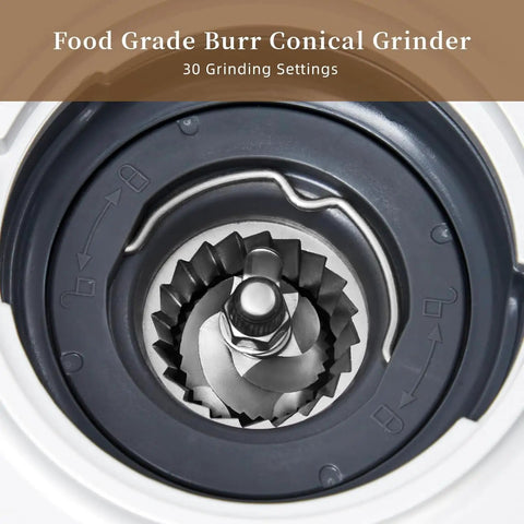 Close-up of food grade burr conical grinder showcasing 30 grinding settings for Straight Up Professional Espresso Machine With Built In Grinder And Pid Temp Control To Pour Legit Crema And Swift Shots Using 58Mm Portafilter Plus Hot Steam Wand For Silky Foam On Any Counter.