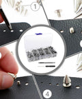 359 Piece Punk Spikes And Studs Kit in Zinc Alloy with silver cone spikes, rivets, and tools for leather DIY shown in use
