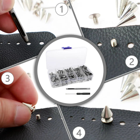 359 Piece Punk Spikes And Studs Kit in Zinc Alloy with silver cone spikes, rivets, and tools for leather DIY shown in use