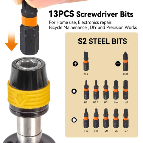 Torque Screwdriver Bit Set With Locking Chuck Never Drop A Bit 13 Piece Driver Kit showing S2 steel bits and quick release chuck.