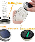 Showing assembly of Eight Pack Solar Jar Light Lids with Fairy Star Firefly LED Strings, highlighting solar panel and O-ring seal.