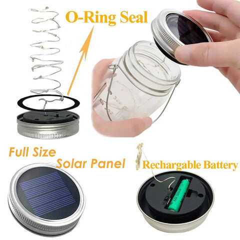 Showing assembly of Eight Pack Solar Jar Light Lids with Fairy Star Firefly LED Strings, highlighting solar panel and O-ring seal.