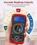 Hand holding Digital Multimeter With Test Leads And Backlit LCD Display For Measuring AC DC Voltage DC Current Ohms Resistance Continuity And Diodes