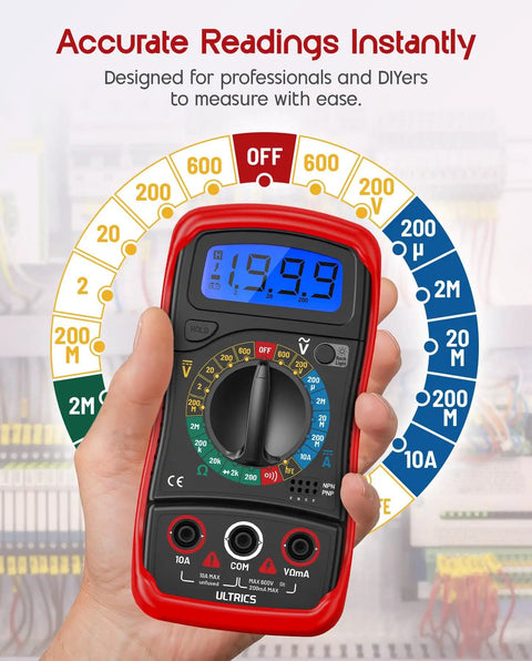 Hand holding Digital Multimeter With Test Leads And Backlit LCD Display For Measuring AC DC Voltage DC Current Ohms Resistance Continuity And Diodes