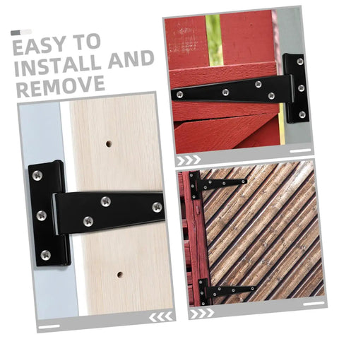 Eight Pack 5 Inch Galvanized Black Tee Hinges for Cabinets and Shed Doors installed on wood surfaces