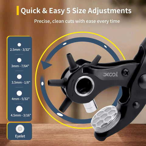 Close-up of Two In One Leather Hole Punch And Eyelet Tool Kit showing 5 size adjustments from 2.5mm to 4.5mm for quick holes.