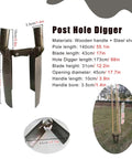 Heavy Duty Manual Post Hole Digger Featuring Sturdy Wood Handle And Razor Sharp Blades For Crushing Tough Clay Soil displayed with dimensions.