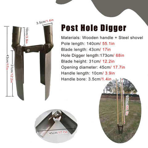 Heavy Duty Manual Post Hole Digger Featuring Sturdy Wood Handle And Razor Sharp Blades For Crushing Tough Clay Soil displayed with dimensions.