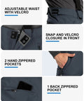 33,000ft Insulated Bibs For Men Snow Ski Pants Overalls showing adjustable waist, snap and Velcro closure, and zippered pockets.