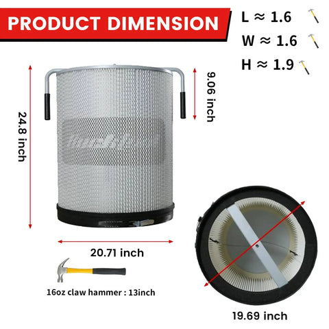 2 Micron Dust Filter Canister Kit For DC1100 Dust Collector dimensions and size comparison with claw hammer