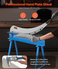 Beefy Hand Plate Shear 31.5 Inch Manual Sheet Metal Cutter on bench with T10 blades, cutting 0.06 inch thick Q235 metal