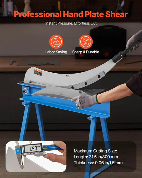 Beefy Hand Plate Shear 31.5 Inch Manual Sheet Metal Cutter on bench with T10 blades, cutting 0.06 inch thick Q235 metal
