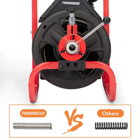 100Ft Electric Drain Cleaner Machine With Auto Feed Direction Control Sewer Snake and Heavy Duty Pro Grade Auger close-up view.