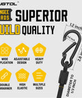Close-up of black carabiner hook with dimensions on a Six Piece Heavy Duty Bungee Cords With Carabiners Set for outdoor gear.