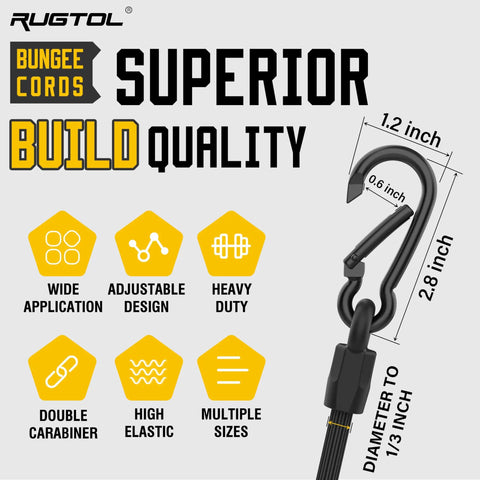 Close-up of black carabiner hook with dimensions on a Six Piece Heavy Duty Bungee Cords With Carabiners Set for outdoor gear.