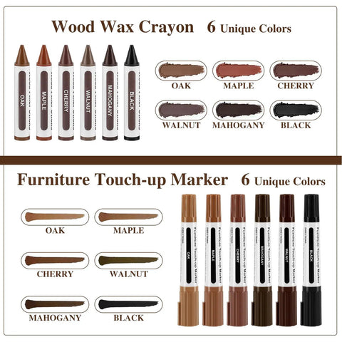 Dual Tip Furniture Markers And Wood Filler Putty Kit Knock Out Tough Floor Scratches Fast 13 Piece Furniture Repair Set showing 12 color options for touch-up.