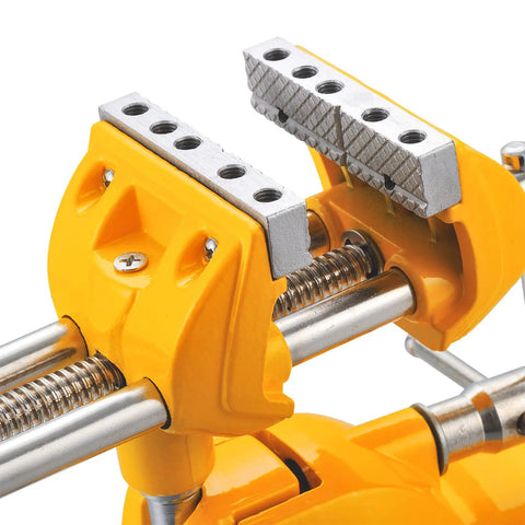 Tough As Nails Three Inch Heavy Duty Bench Vise With Rock Solid Steel Build And True Three Sixty Degree Swivel Base For Killer Multi Purpose Shop Clamping Accuracy showing the jaw with rubber gaskets and chrome finish.