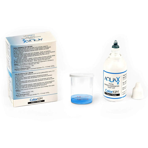 Easy To Use Total Water Hardness Test Kit For Pool Aquarium And Drinking Water To Quickly Read Hardness Levels And Improve Water Softener Efficiency With Two Simple Components And No Extra Tools, featuring solution bottle, test container, and packaging.