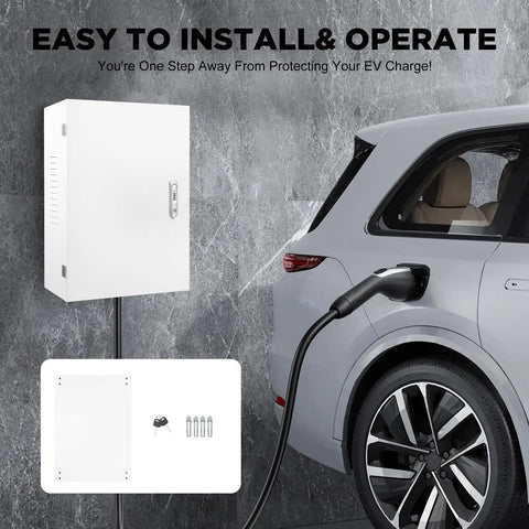 Top Shelf EV Charger Protection Box Built Tough For Indoor And Outdoor Use All Weather Wall Mount Case near an electric vehicle.