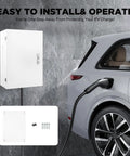 Heavy Duty EV Charger Protection Box With Rock Solid Combo Lock And Killer Cable Organizer mounted on a wall beside an electric vehicle.