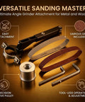Garage Rat Approved Angle Grinder Belt Sander Adapter Heavy Steel Conversion Kit with various grit belts and pulleys.