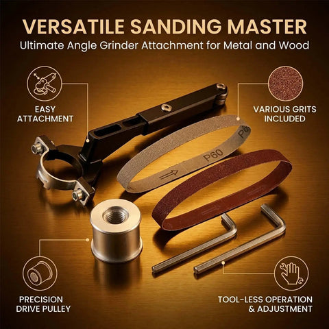 Garage Rat Approved Angle Grinder Belt Sander Adapter Heavy Steel Conversion Kit with various grit belts and pulleys.