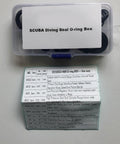 Box containing 50 Pcs Black Silicone Gasket Replacement Set for scuba gear, showing various O-ring sizes for diving hoses and tanks.