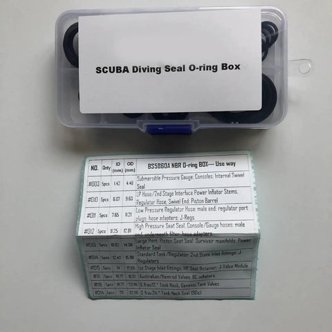 Box containing 50 Pcs Black Silicone Gasket Replacement Set for scuba gear, showing various O-ring sizes for diving hoses and tanks.