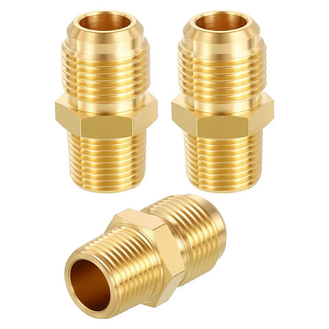 Brass Pipe Fittings Kit For Air Oil And LP Propane Systems DIY Friendly One Half Inch Male Flare To Three Eighths Inch Male NPT Hex Nipple Pipe Adapter Reducer Three Pack Durable Connectors For Quick Secure Leak Free Seals
