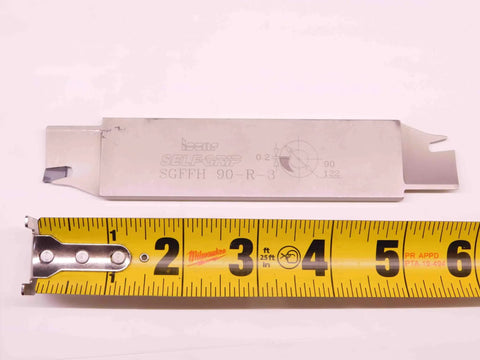 Self Grip Double Ended Right Hand Indexable Cutoff Blade For CNC Machining Carbide Insert High Precision Durable Tool Model BR9225AC5 Beefy For Tough Parting And Finishing Cuts In Hard Metals, shown with tape measure