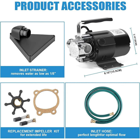 Hella Efficient Heavy Duty Electric Water Transfer Pump 115V 1/10 Hp Portable Utility Pump with inlet strainer, impeller kit, and inlet hose.
