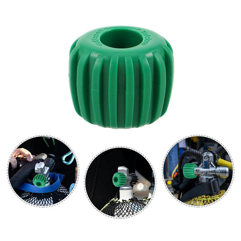 Diving Tank Valve Handle Stainless Steel Regulator Control Knob For Scuba Gear Nonslip Grip For Wet Conditions And Gloves Tough As Nails Gas System Handwheel Replacement. Close-up of green nonslip diving valve handle with scuba setup examples.