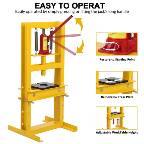 6 Ton Portable H Frame Hydraulic Press With Movable Plate And Overpressure Protection For Metalworking Auto Repair And DIY Projects Built For Pro Use And Home Workshops yellow frame with adjustable worktable