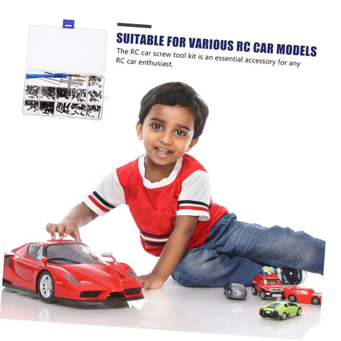 Child playing with RC cars, showcasing Must-Have RC Car Screw And Bolt Kit For Quick Repairs And Routine Maintenance With Wrench Included.
