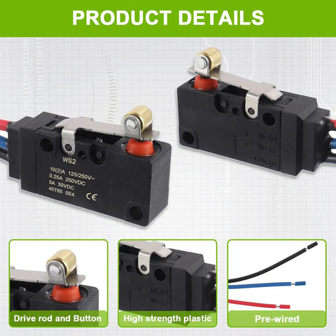Three Line 10A 250VAC Micro Limit Switch SPDT Waterproof With Roller Lever, showing details and prewired design, pack of 2