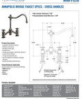 Top Shelf Kitchen Bridge Faucet With Snappy Cross Handles Solid Brass Build And Vintage Matte Antique Copper Finish specs document showing dimensions and features.