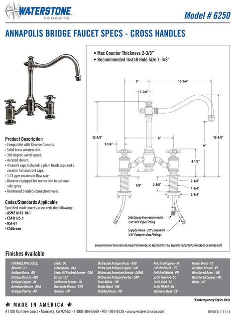 Slick Retro Bridge Faucet Featuring Dual Cross Handles In A Gorgeous Antique Pewter Finish Built From Heavy Duty Solid Brass with specs.