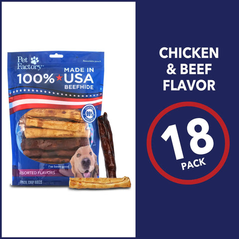 All American Beefhide Chip Rolls For Dogs Chew Treats 5 Inch Thick Rawhide Long Lasting Flavor Beef And Chicken 18 Count Pack